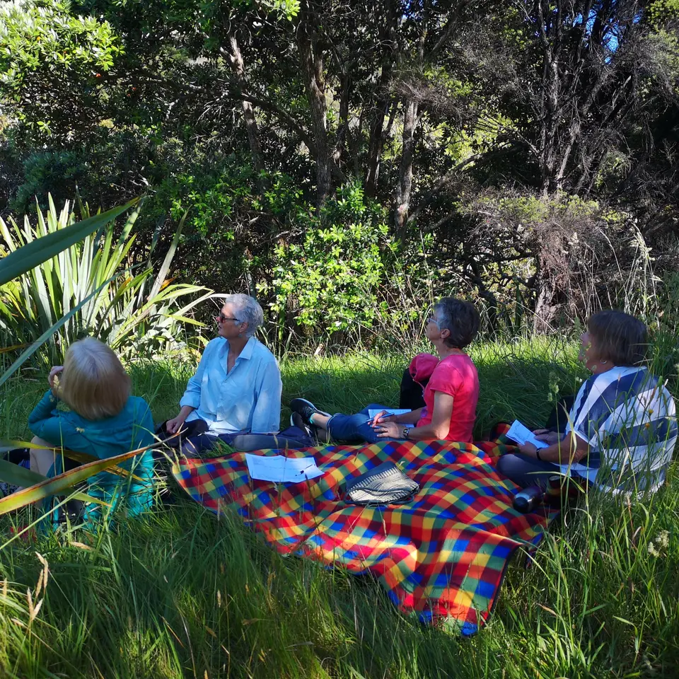 Bird counters with binoculars on a picnic rug at the edge of the bush